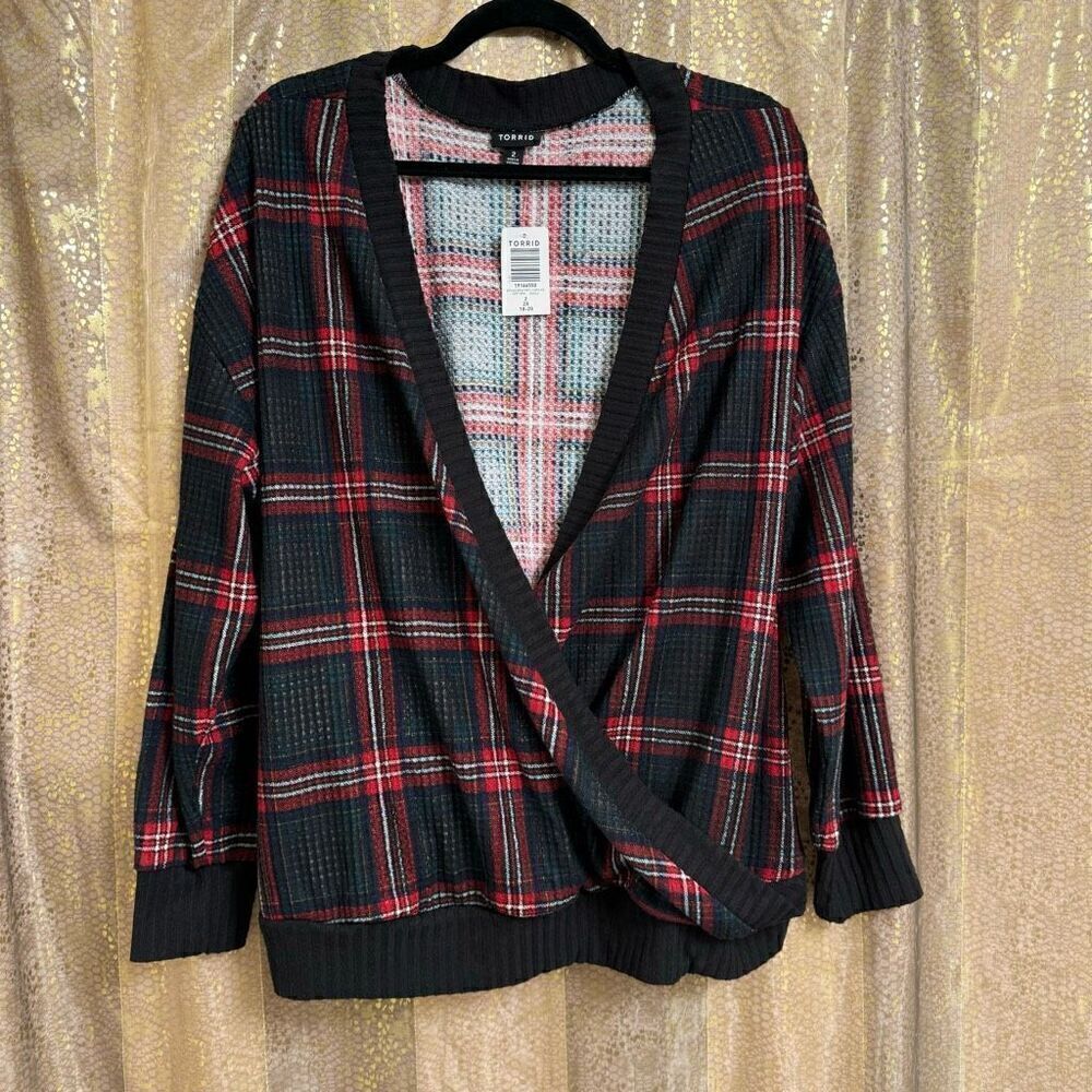 Torrid Black Red Plaid Brushed Waffle Surplice Drop Shoulder Top 2X NWT‎